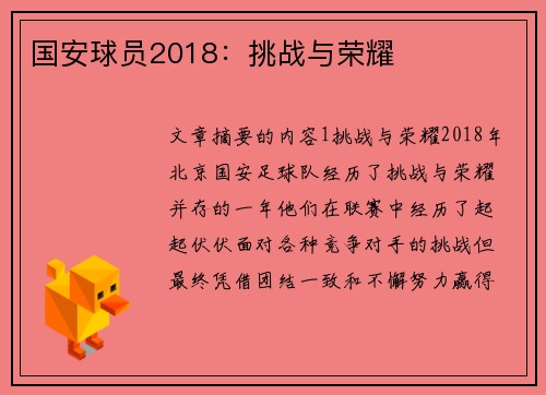 国安球员2018：挑战与荣耀